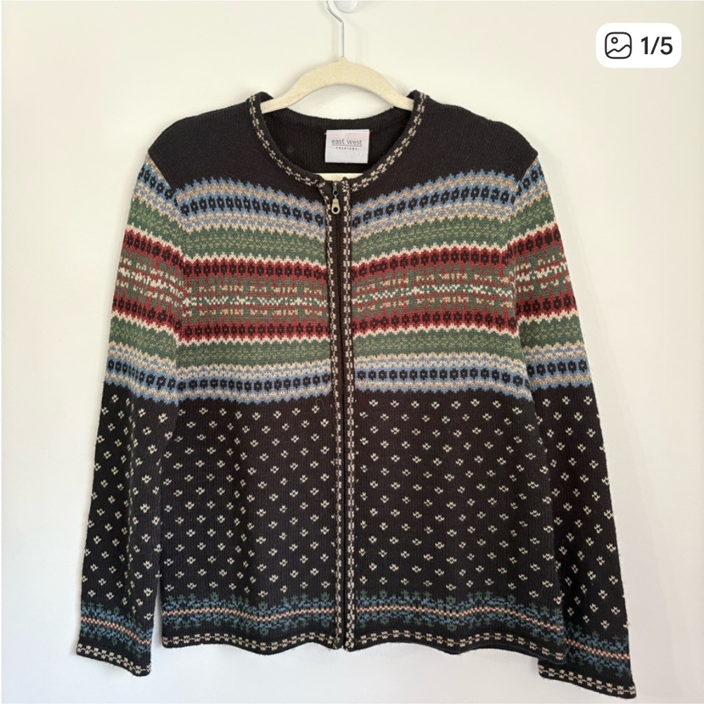 EAST WEST Vintage Fair Isle Zip Up Knit Sweater Rabbit Wool Womens M Winter Cozy